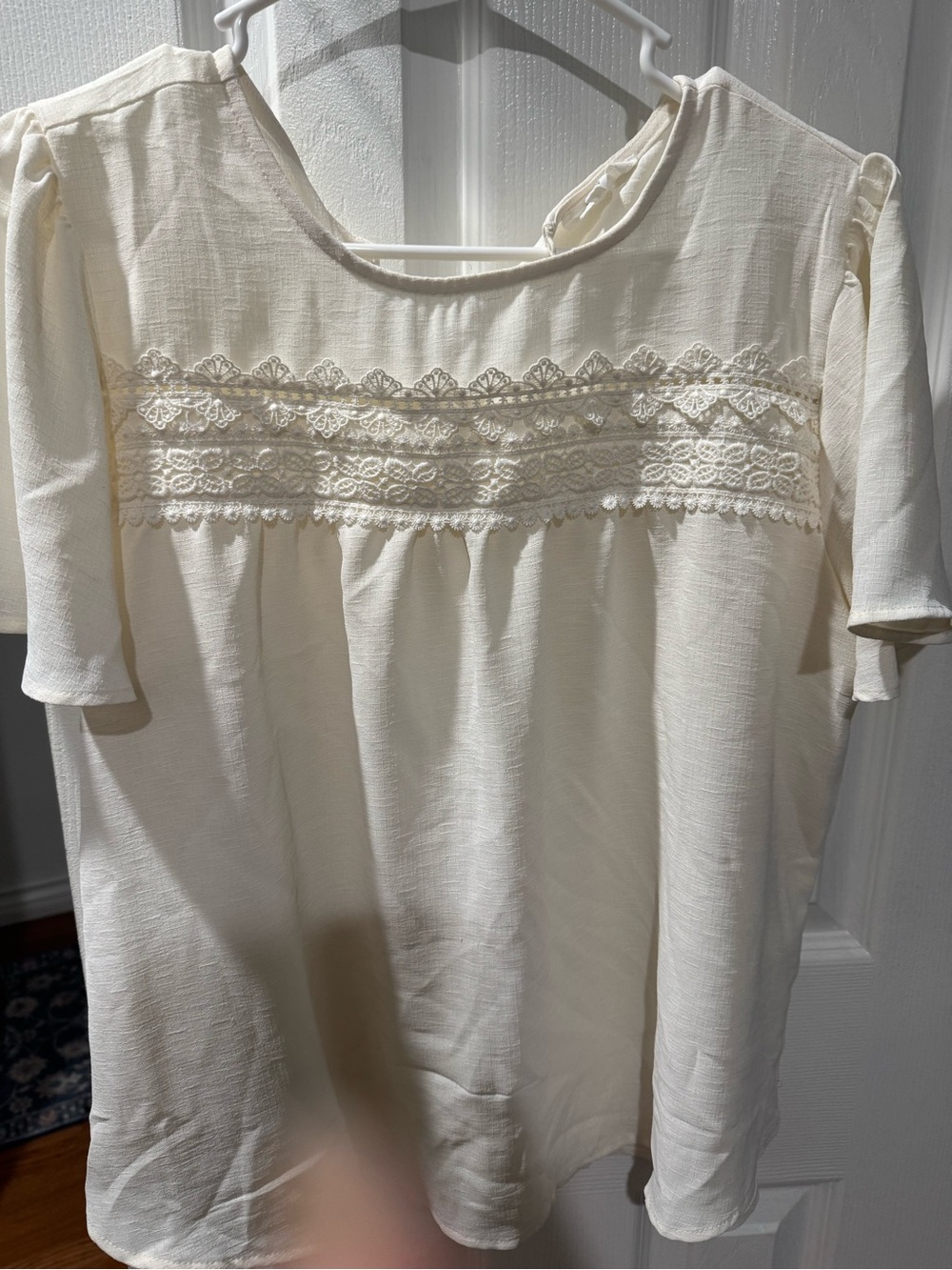 Women's Cream Lace-Yoke Short Sleeve Top